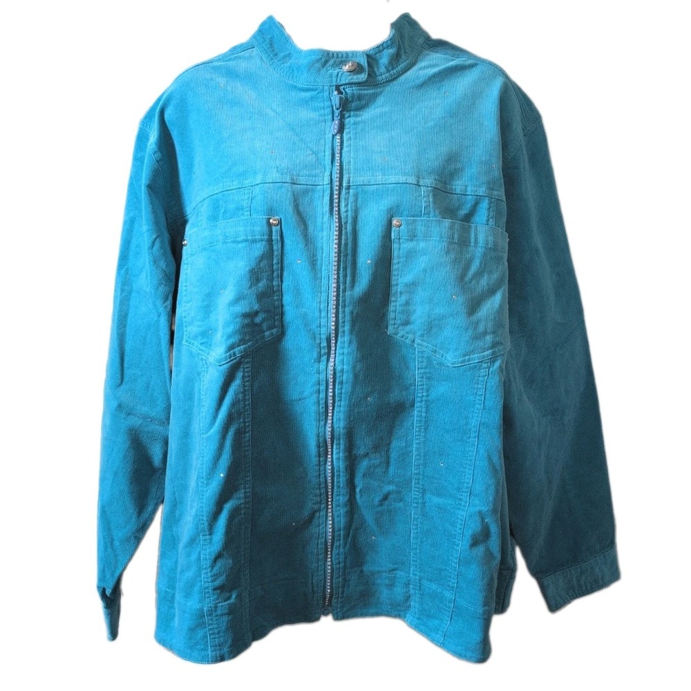 Quacker Factory Women 2X Turquoise Corduroy Rhinestone Zip Up Jacket New